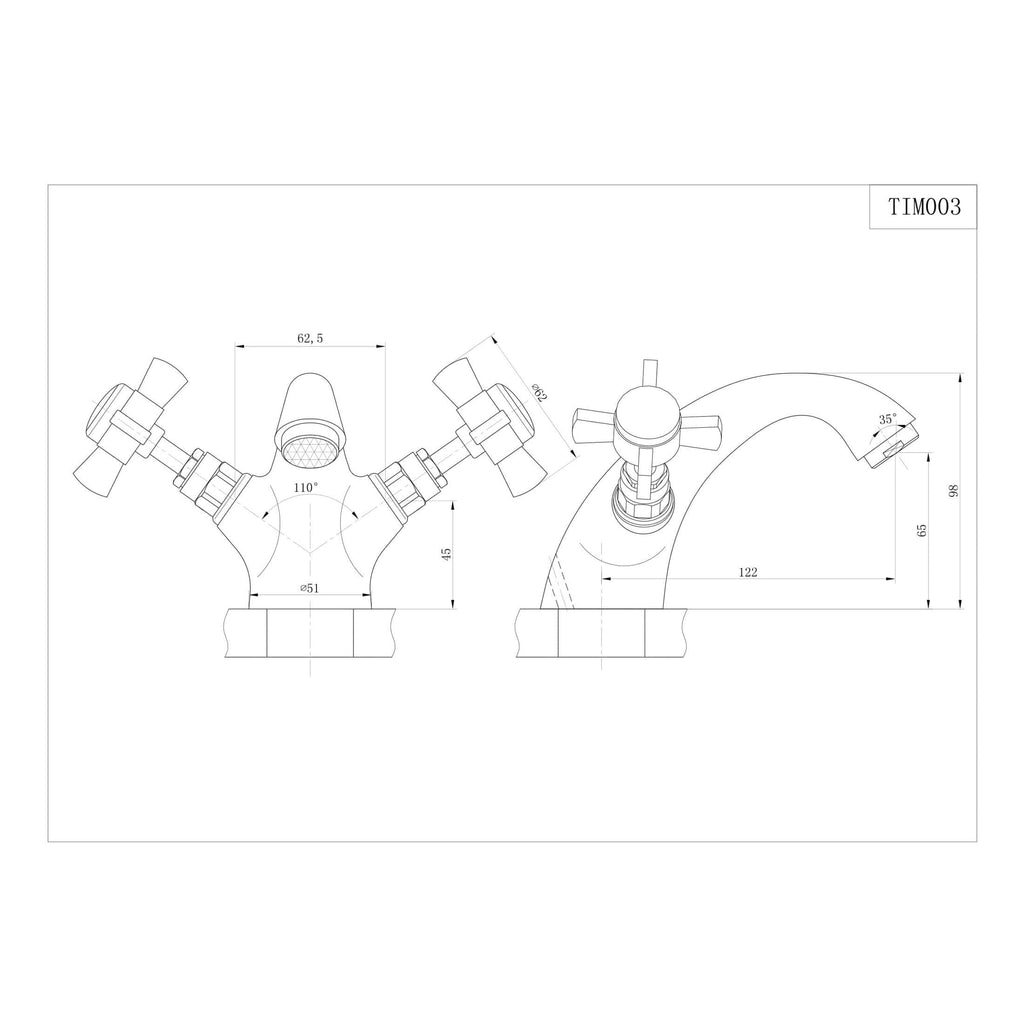 High-quality technical drawing of a vintage style bathroom tap and mixer with detailed measurements and angles, perfect for bathroom renovation planning and plumbing design.