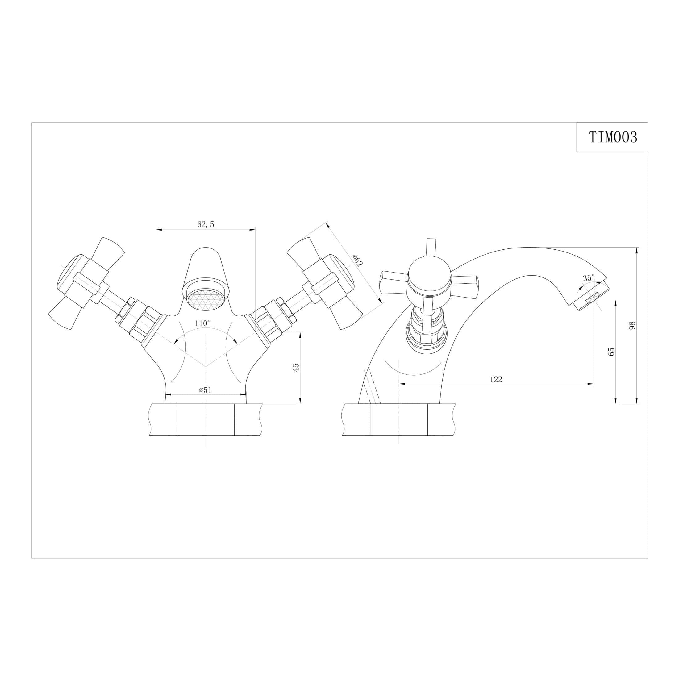 High-quality technical drawing of a vintage style bathroom tap and mixer with detailed measurements and angles, perfect for bathroom renovation planning and plumbing design.