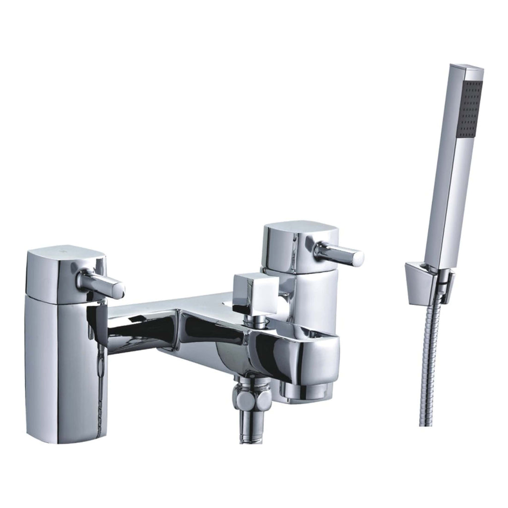 Sleek modern chrome bathroom tap with a handheld shower attachment for versatile water control and adding contemporary style to your bathroom.