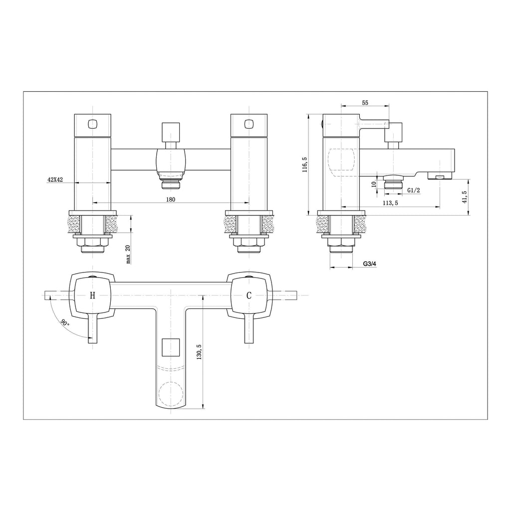 Chrome bathroom tap technical drawing focus on modern design and installation details.