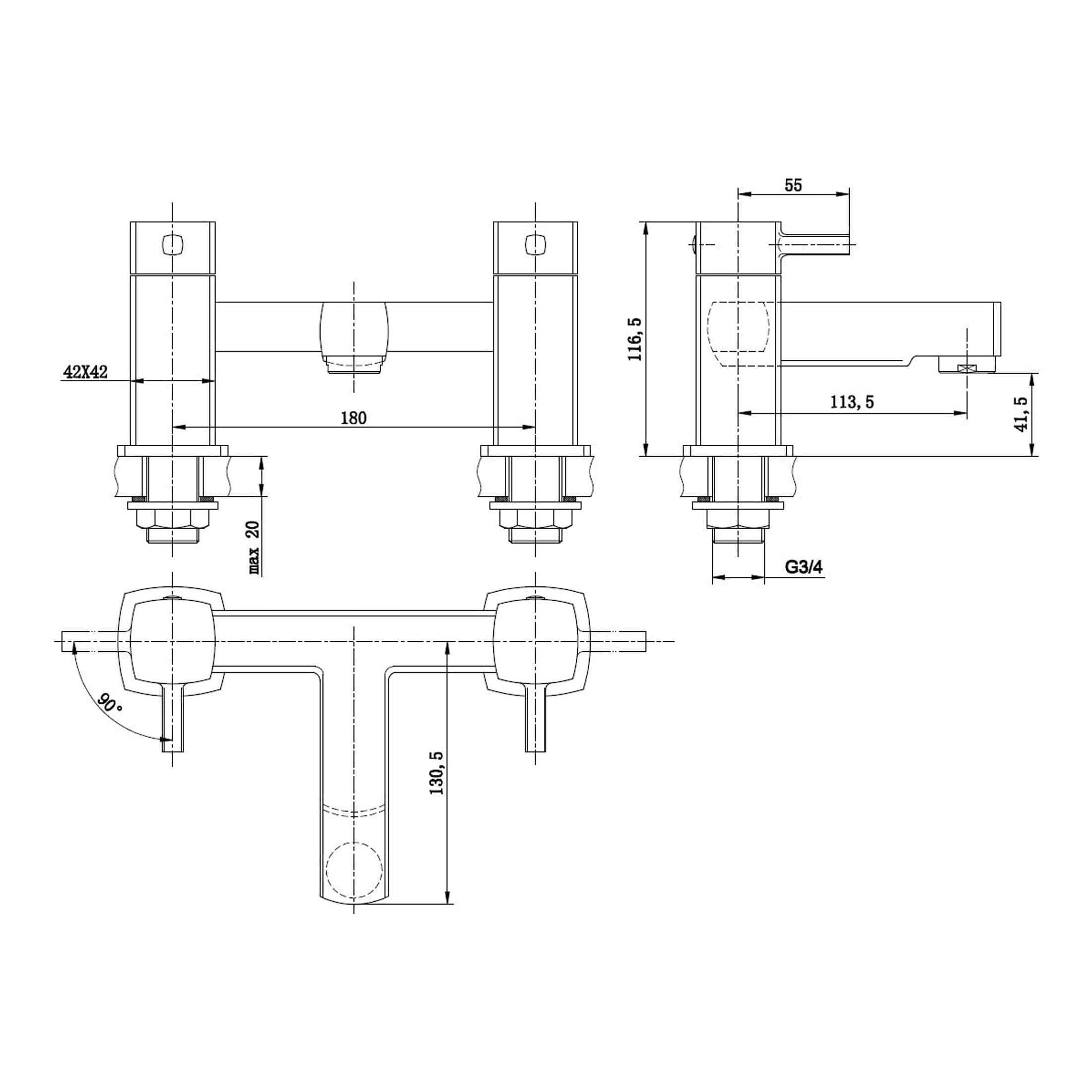 High-quality technical drawing of Bubly Bathrooms sink mixer tap with precise measurements and installation details, ideal for bathroom renovation planning.
