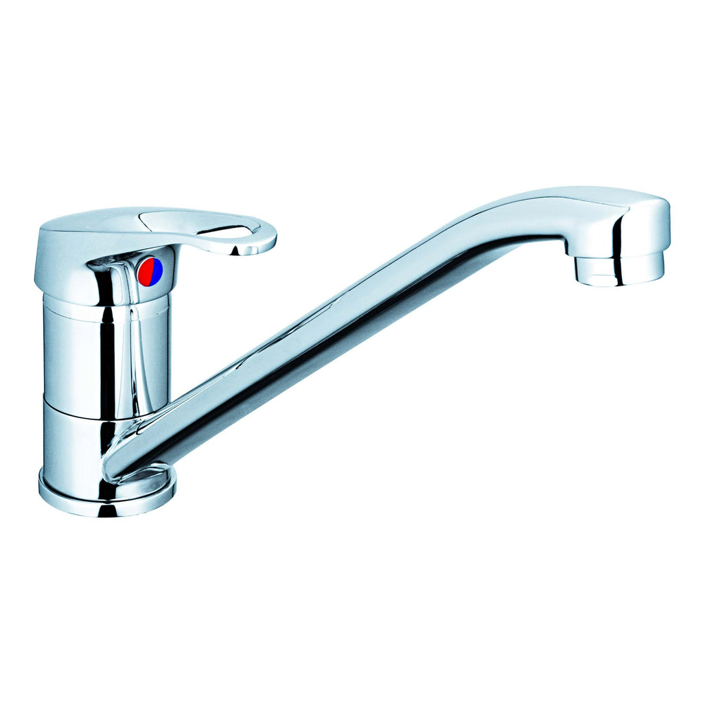 Shiny chrome kitchen tap with single lever and integrated hot and cold water controls, modern design, ideal for contemporary kitchens and bathroom sinks, durable and stylish fixture.