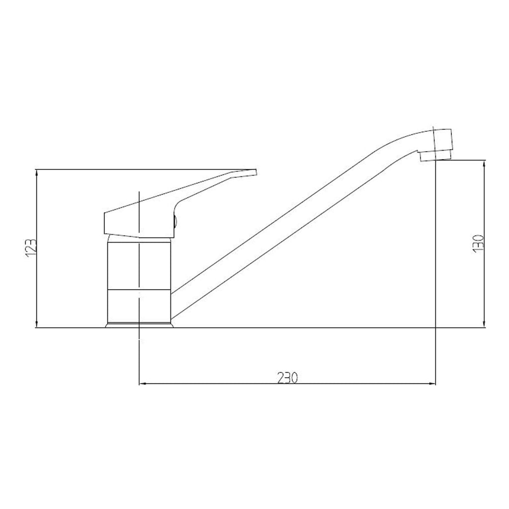 Sleek modern bathroom sink faucet with technical measurements for installation, featuring a curved spout and single lever handle, ideal for contemporary bathroom designs.