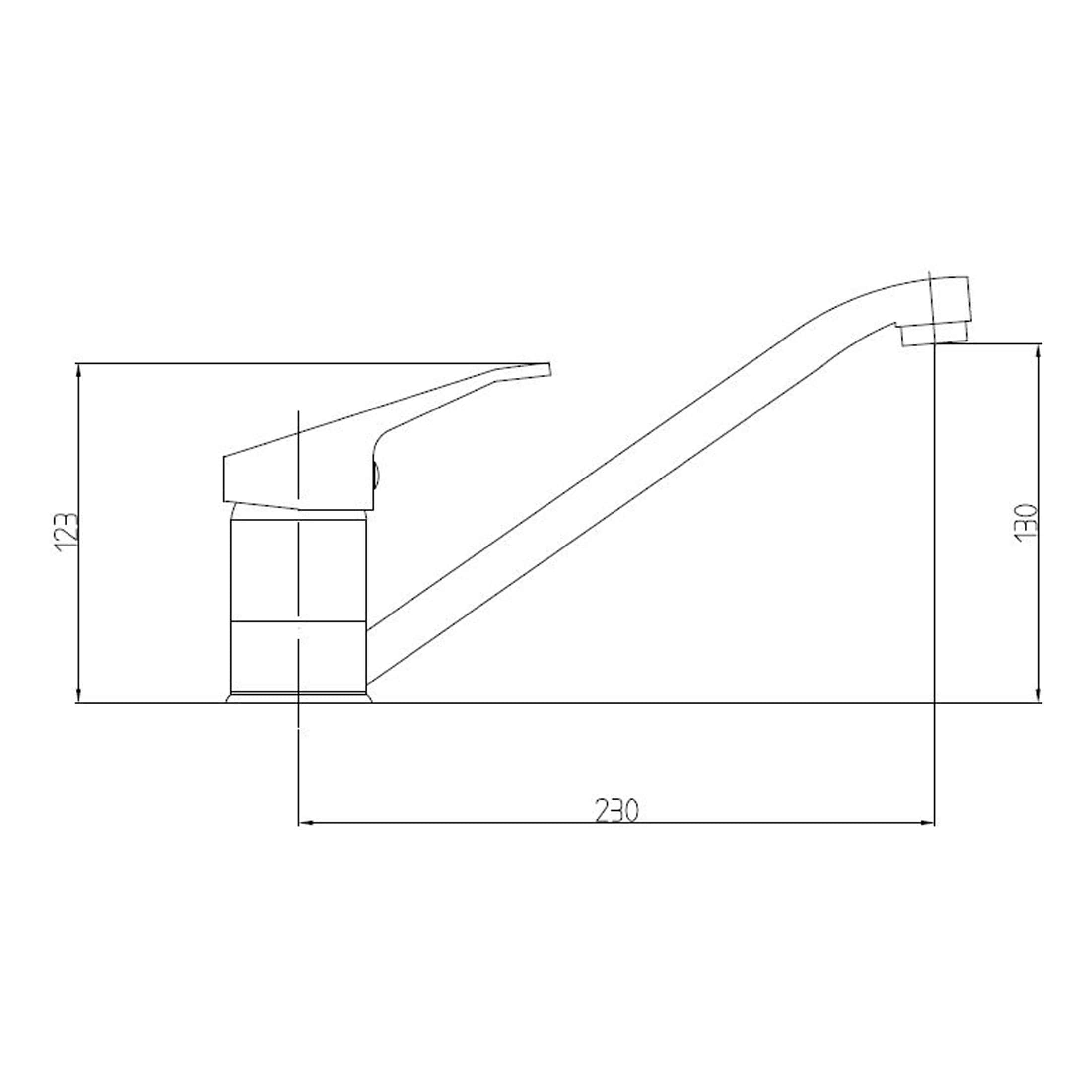 Sleek modern bathroom sink faucet with technical measurements for installation, featuring a curved spout and single lever handle, ideal for contemporary bathroom designs.