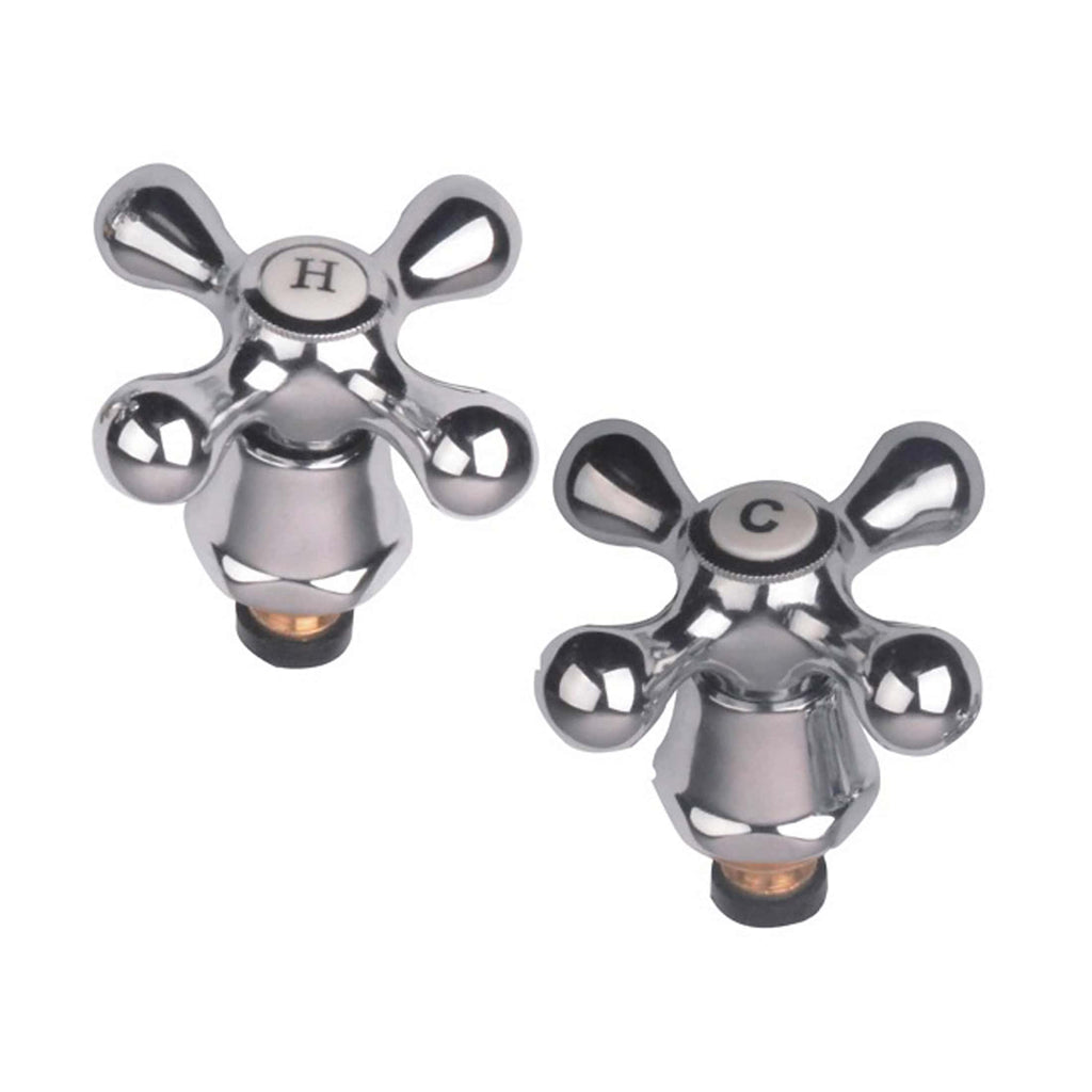 Chrome bathroom tap handles with hot and cold labels, stylish and durable plumbing fixtures.
