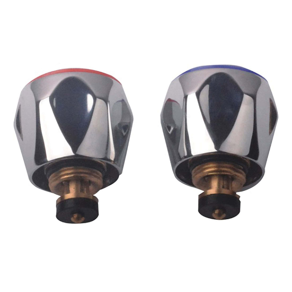 Shower valve handles with chrome finish, designed for bathroom plumbing fixtures, featuring black and brass accents for durability and modern style.