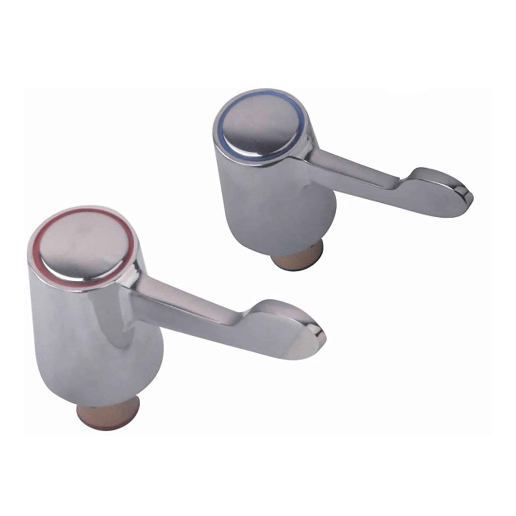 Chrome bathroom tap handles with coloured rings for hot and cold water control, modern design fixtures, bathroom accessories for stylish water management.