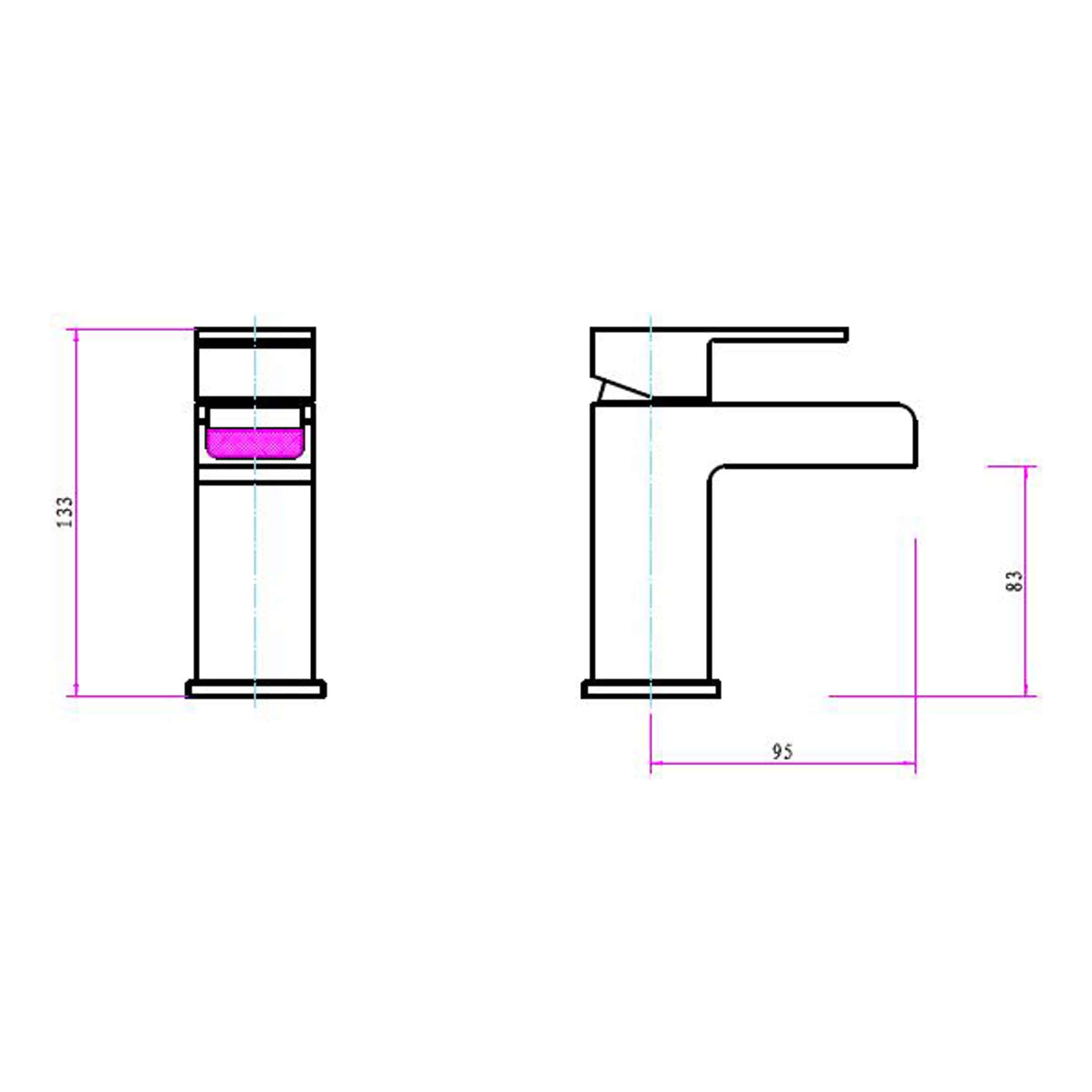 High-quality technical drawing of a modern bathroom faucet, showcasing precise measurements and design details for bathroom plumbing installation from Bubly Bathrooms.