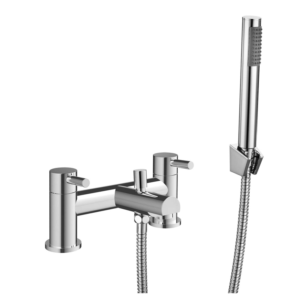 Flexible chrome bathroom tap with matching handheld shower head, ideal for modern bathtubs and shower installations. Durable, stylish, and easy to use for ultimate bathroom functionality.