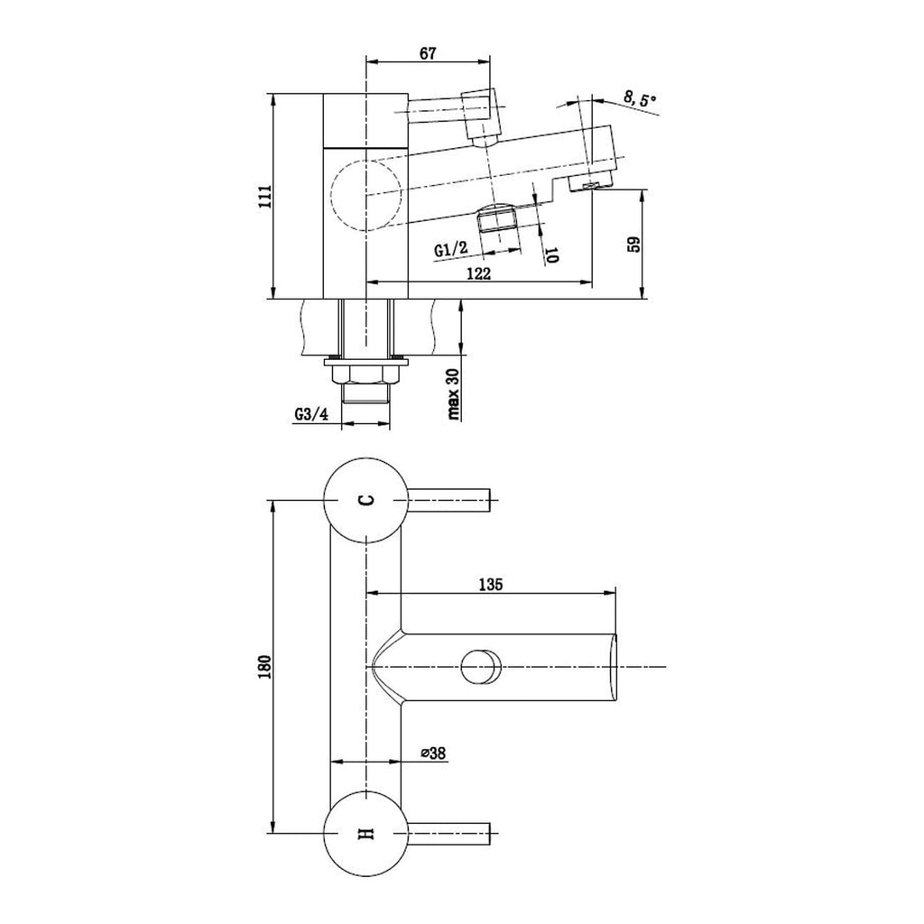 High-quality bathroom sink faucet with detailed technical drawing for installation and design. Ideal for modern bathroom renovations by Bubly Bathrooms in the UK.