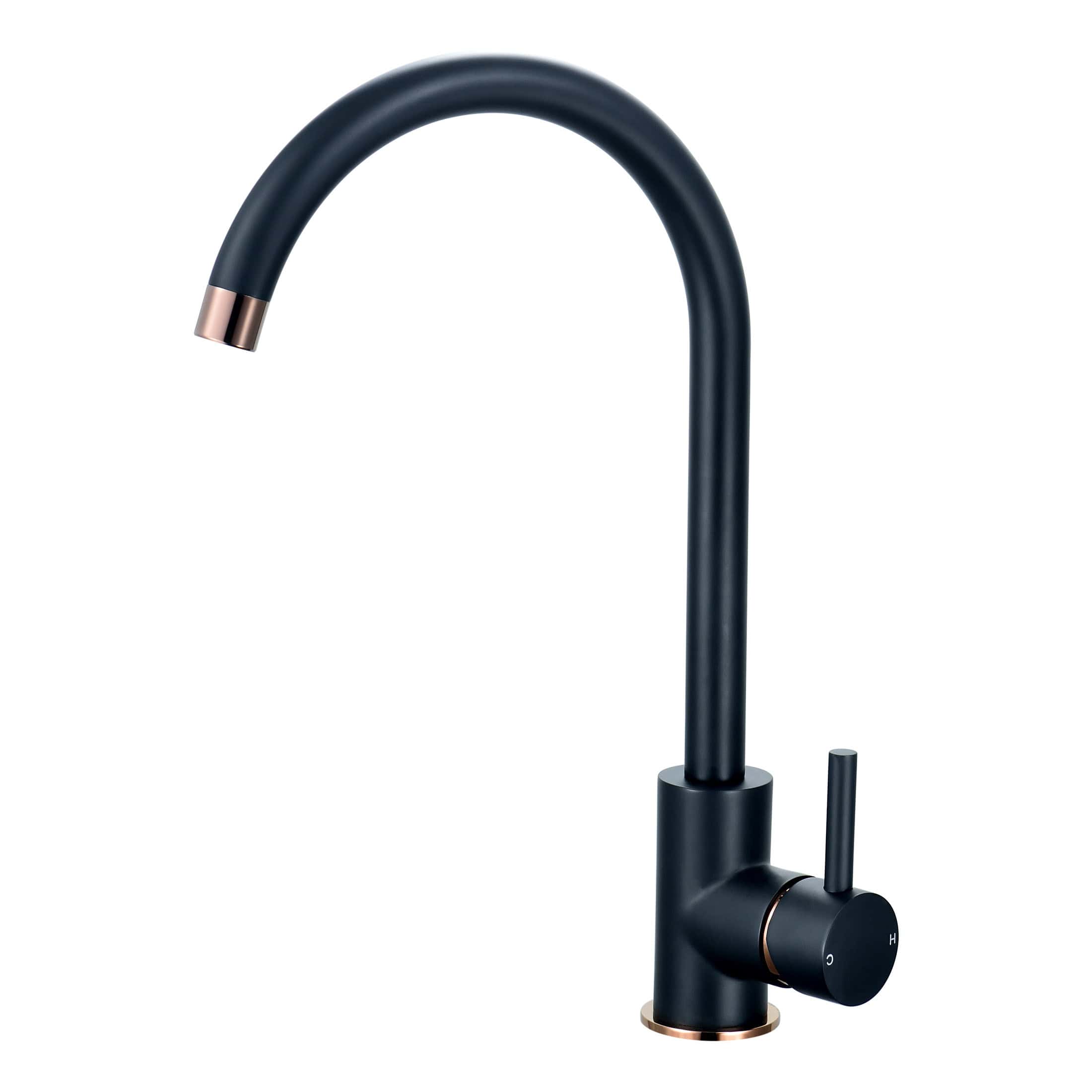 Sleek black kitchen or bathroom tap with rose gold accents, modern curved spout, and single lever control for hot and cold water, perfect for contemporary bathrooms.