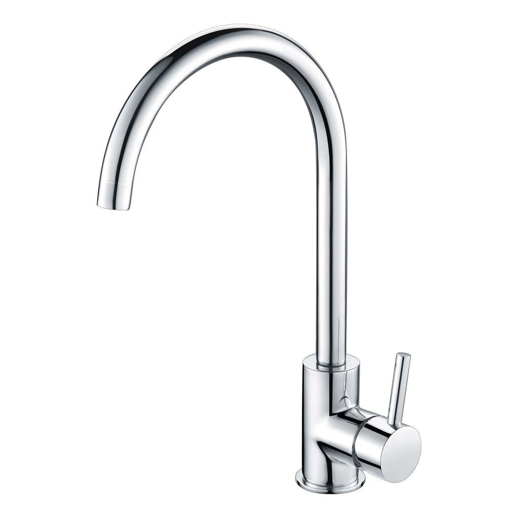 Sleek modern chrome kitchen or bathroom tap with a curved spout and single lever for easy control, perfect for contemporary bubly bathrooms and kitchens.