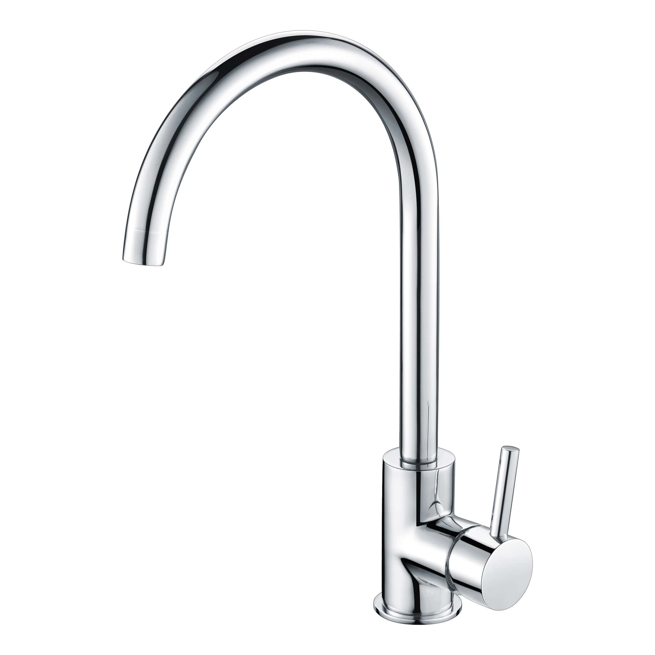 Sleek modern chrome kitchen or bathroom tap with a curved spout and single lever for easy control, perfect for contemporary bubly bathrooms and kitchens.