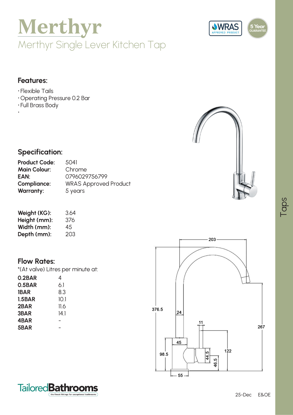 Tailored Merthyr Single Lever Kitchen Mixer Tap - specification sheet with technical drawing and dimensions