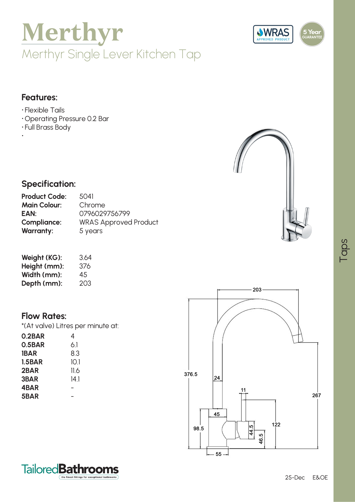 Tailored Merthyr Single Lever Kitchen Mixer Tap - specification sheet with technical drawing and dimensions