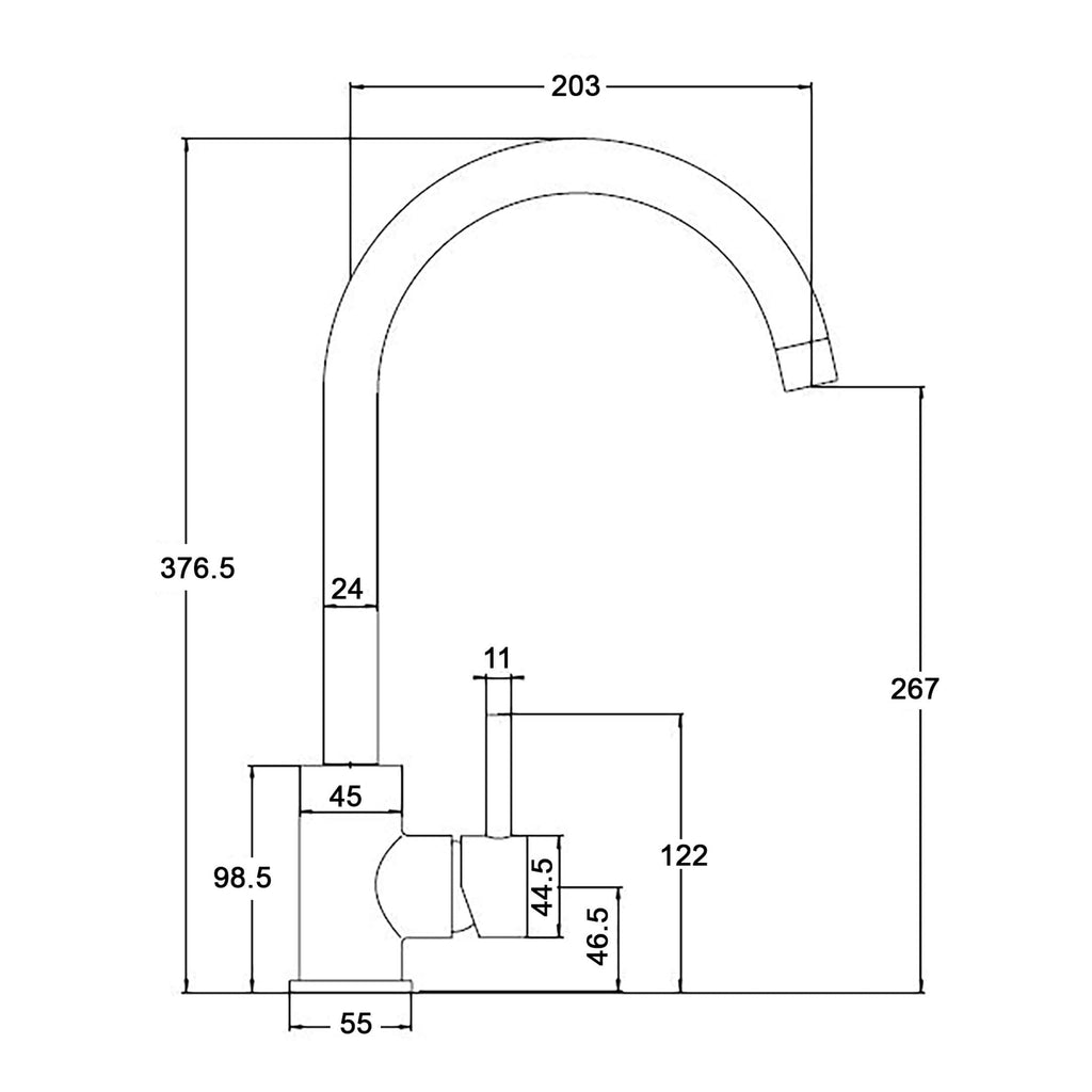 Sleek modern kitchen tap with detailed dimensions, suitable for contemporary bathroom or kitchen renovations. Crafted for style and precision, ideal for plumbing installation.