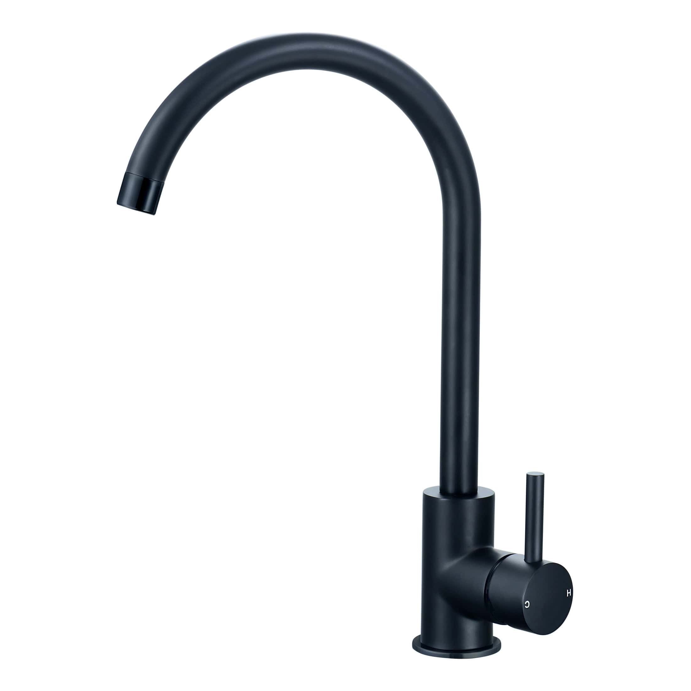 Faucet for modern bathroom kitchen or laundry sink, black matte finish, high-arc design with single lever control, durable and stylish for contemporary Bubly bathrooms.