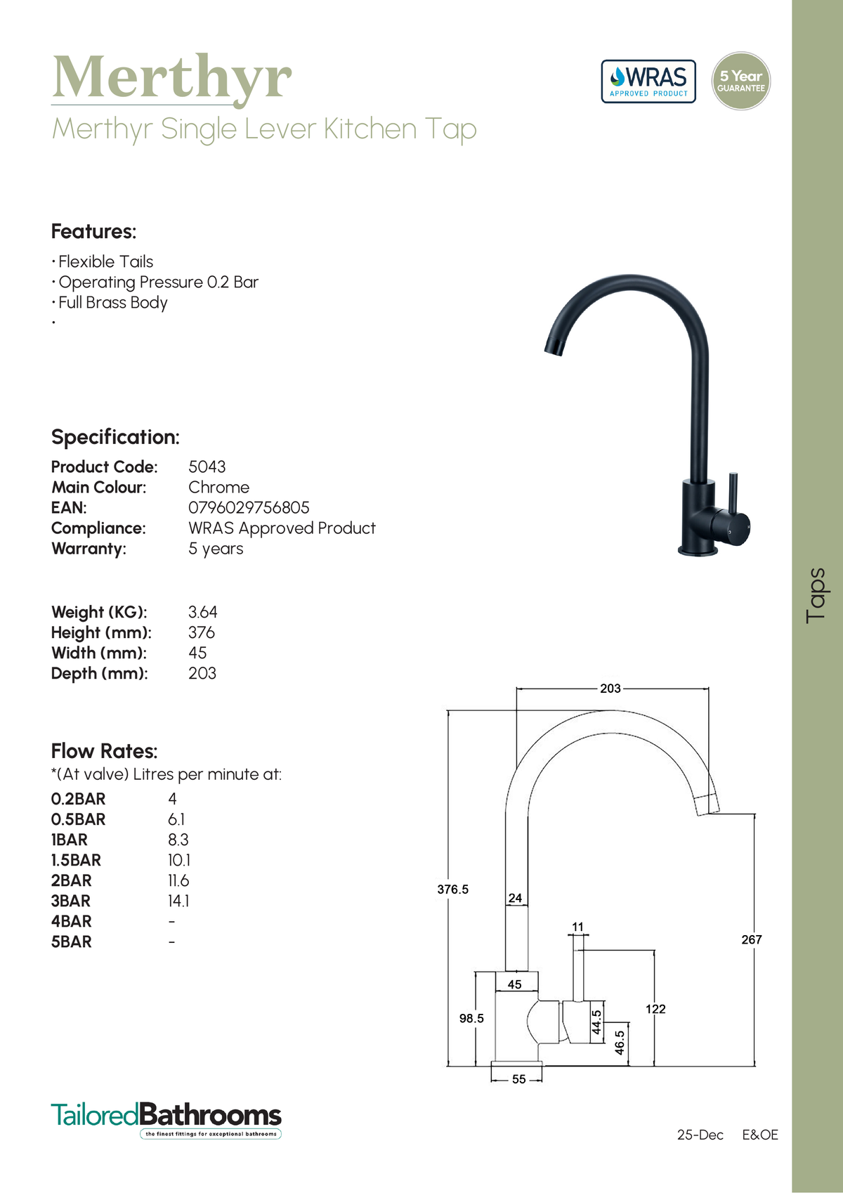 Tailored Merthyr Single Lever Kitchen Mixer Tap - specification sheet with technical drawing and dimensions