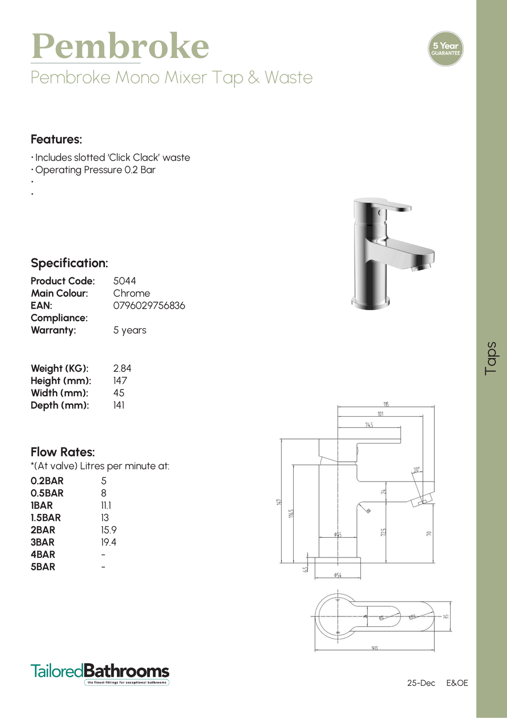 Tailored Pembroke Mono Basin Mixer Tap With Waste - Chrome - specification sheet with technical drawing and dimensions