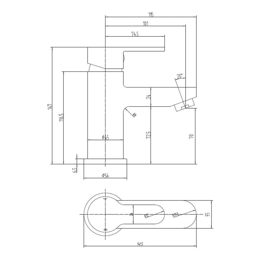 Schematic design of a modern bathroom sink with detailed measurements and technical specifications. Showcasing the precise dimensions and ergonomic features of contemporary bathroom fixtures.