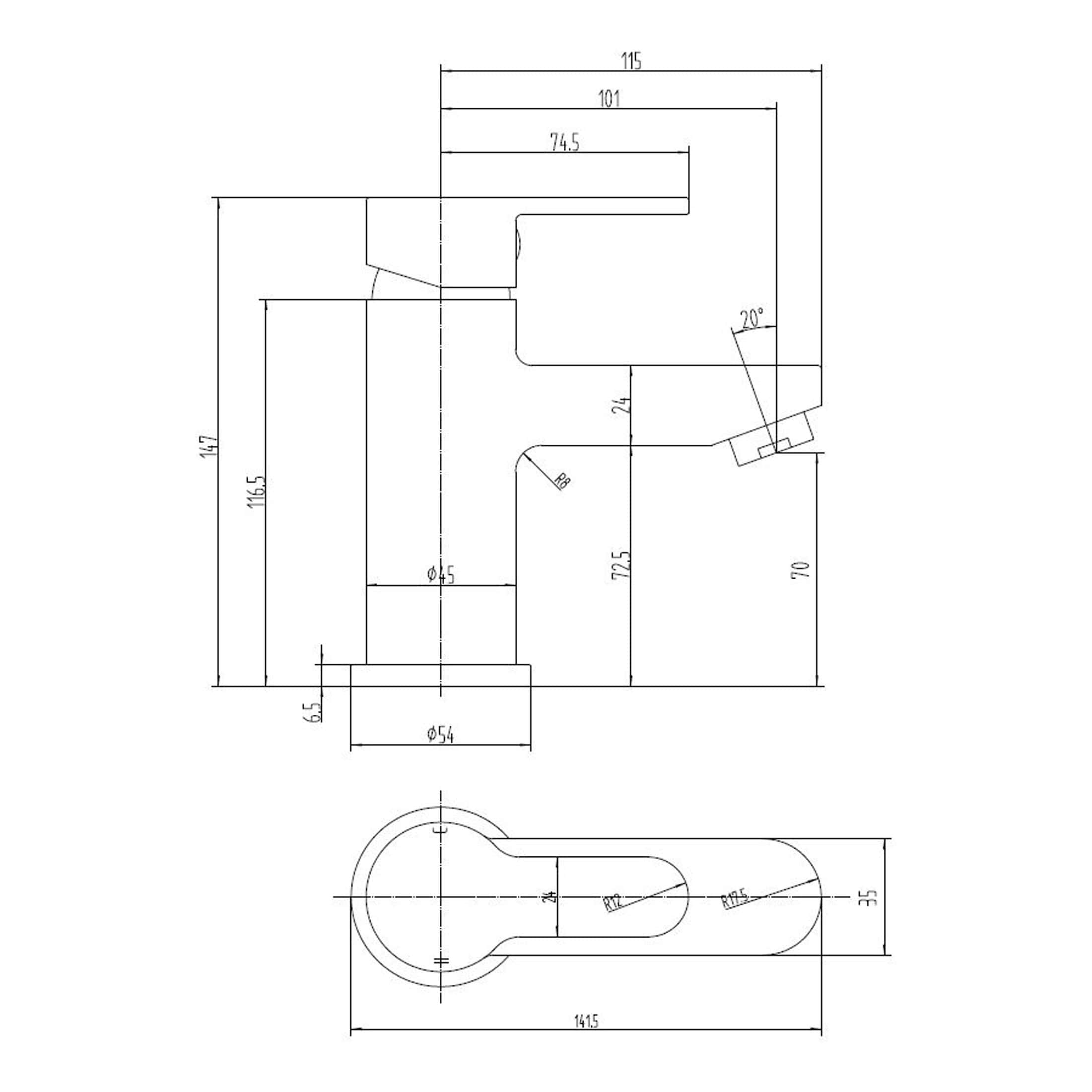 Schematic design of a modern bathroom sink with detailed measurements and technical specifications. Showcasing the precise dimensions and ergonomic features of contemporary bathroom fixtures.