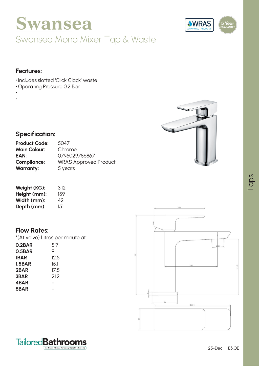 Tailored Swansea Mono Basin Mixer Tap With Waste - specification sheet with technical drawing and dimensions