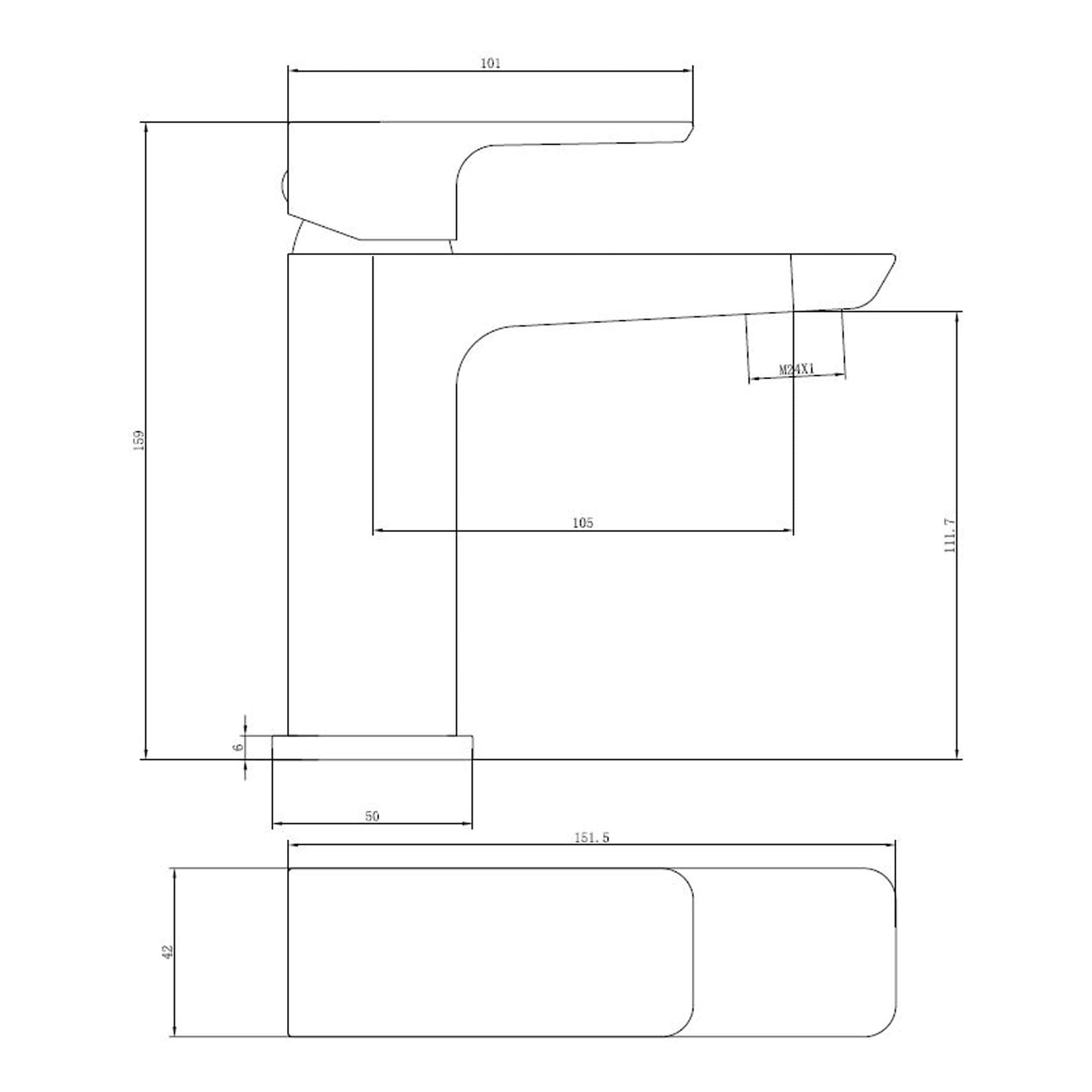 Sleek modern bathroom sink with detailed technical dimensions, ideal for contemporary bathroom renovation and design projects. Perfect for plumbing and fixtures installation.