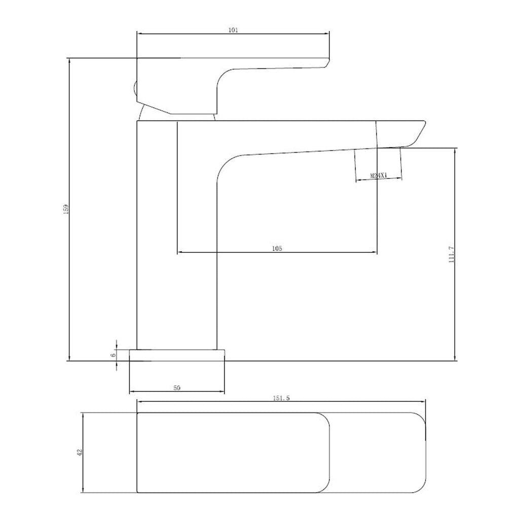 Sleek modern bathroom sink with detailed technical dimensions, ideal for contemporary bathroom renovation and design projects. Perfect for plumbing and fixtures installation.