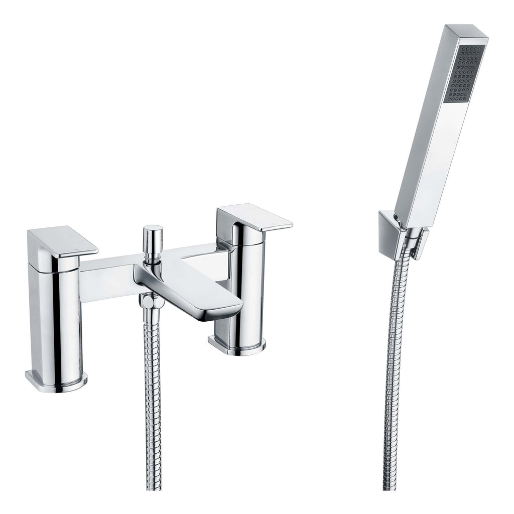 Sleek chrome bathroom tap with a flexible shower hose and handheld shower head, perfect for modern baths and high-quality bathroom fixtures.