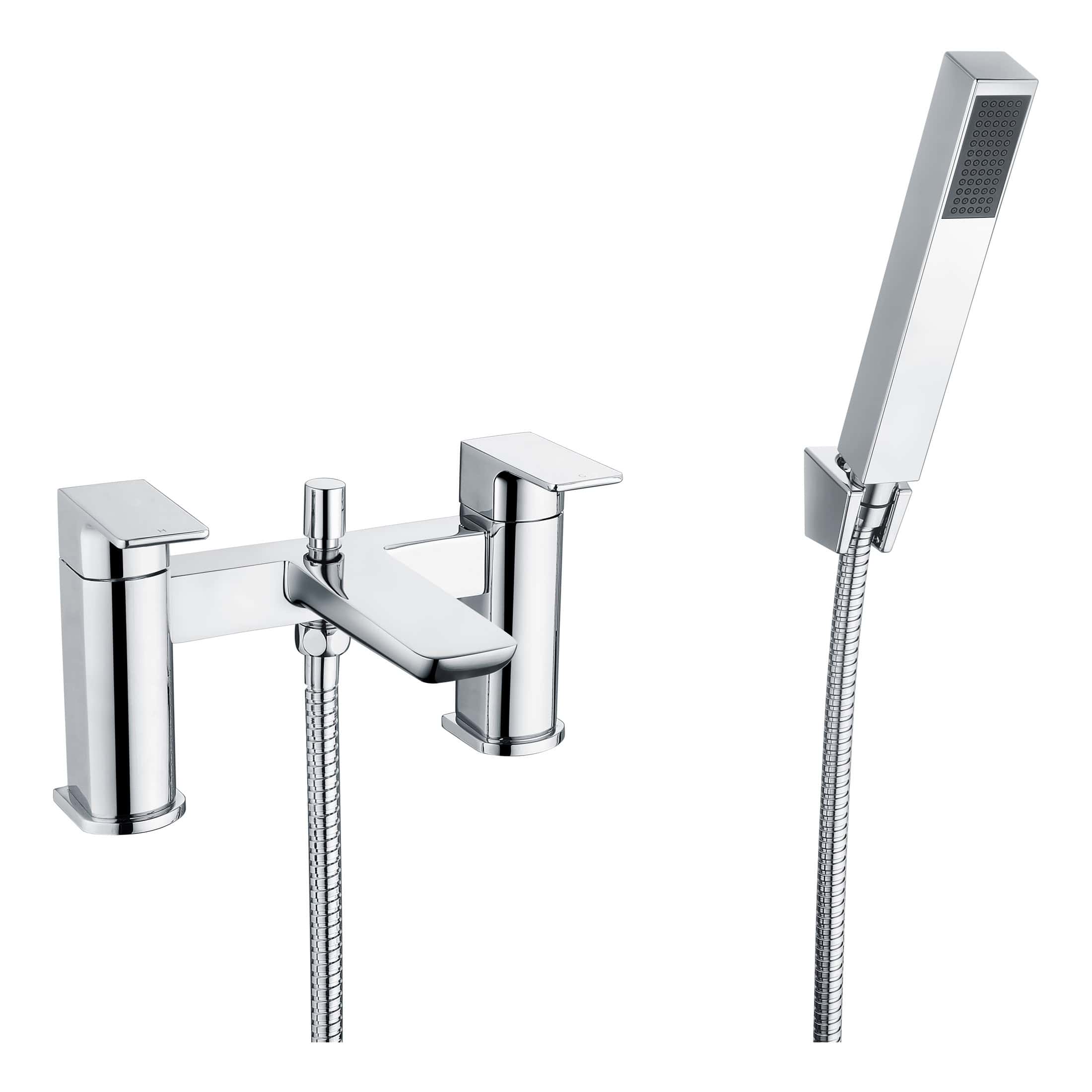 Sleek chrome bathroom tap with a flexible shower hose and handheld shower head, perfect for modern baths and high-quality bathroom fixtures.