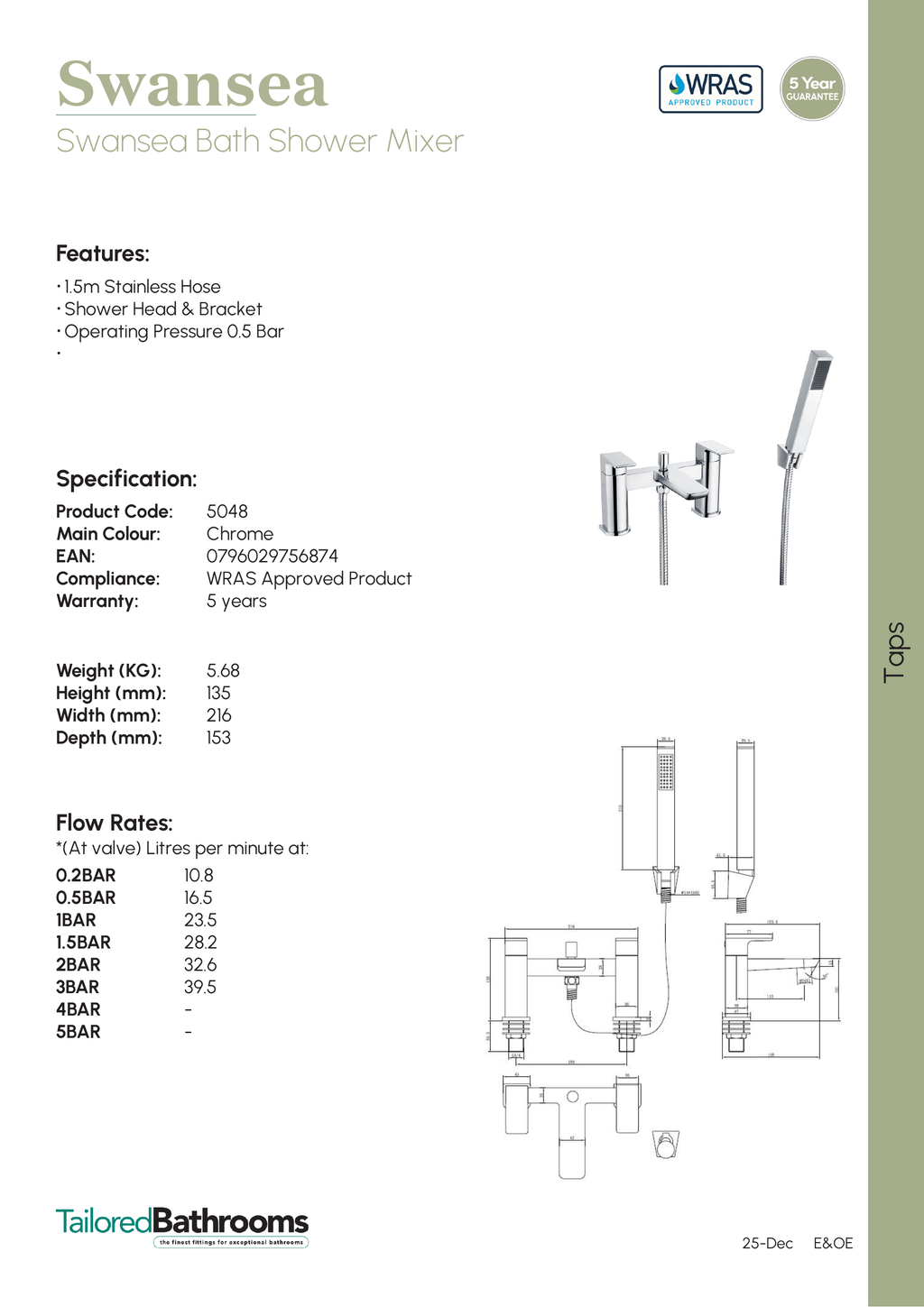 Tailored Swansea Bath Shower Mixer Tap - specification sheet with technical drawing and dimensions