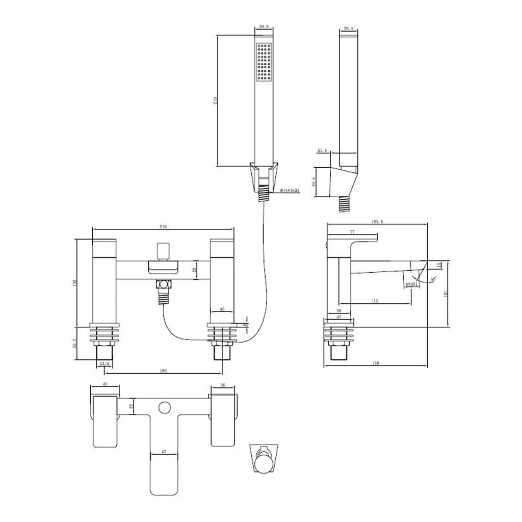 Elegant bathroom faucet and shower fixtures with precise technical specifications for modern bathroom remodels. Designed for durability and style in contemporary bathrooms.