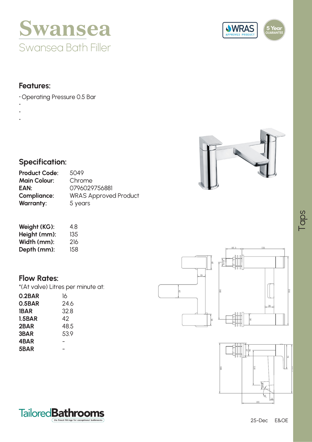 Tailored Swansea Bath Filler Tap - specification sheet with technical drawing and dimensions