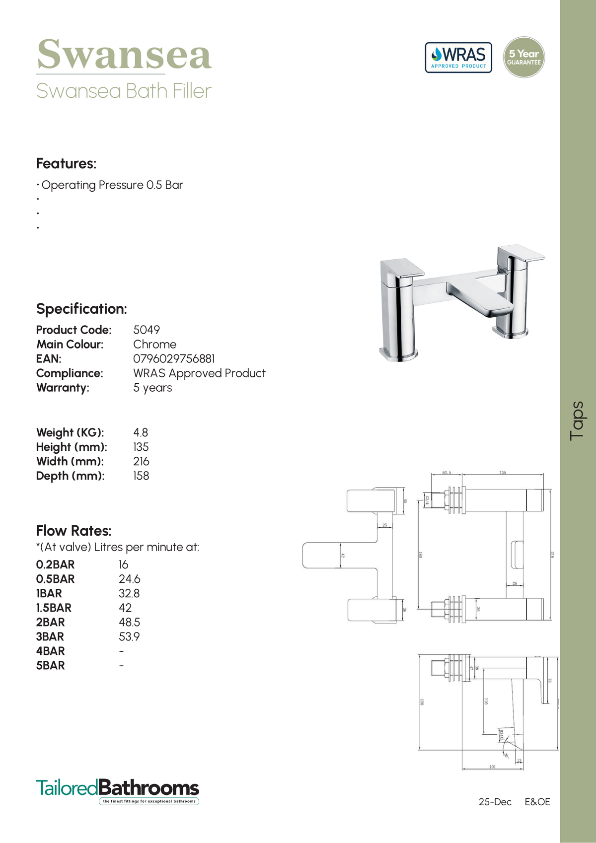 Tailored Swansea Bath Filler Tap - specification sheet with technical drawing and dimensions