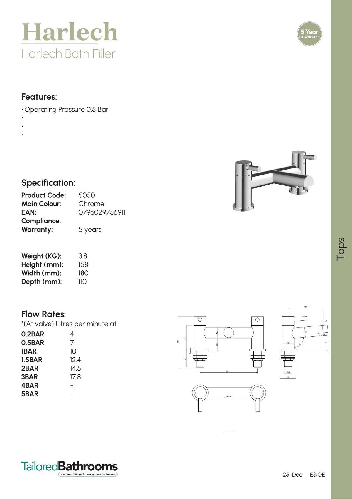 Tailored Harlech Bath Filler Tap - Chrome - specification sheet with technical drawing and dimensions