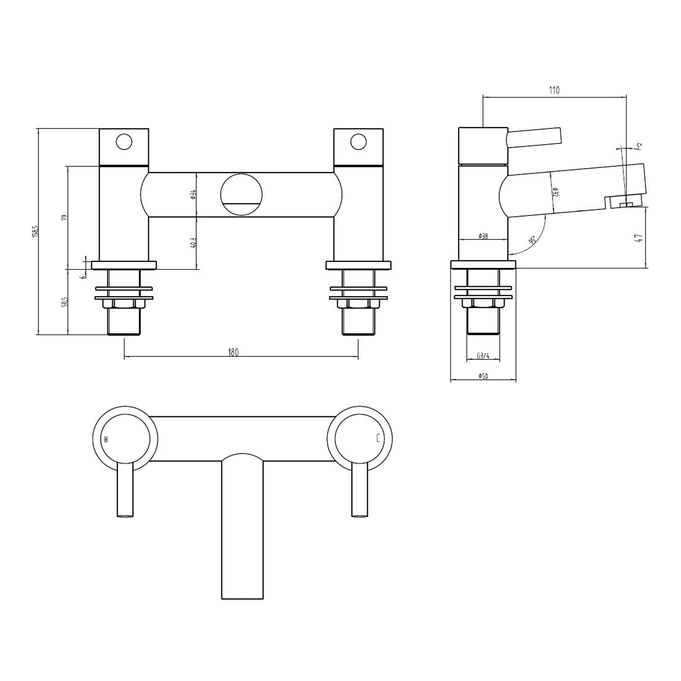 Modern technical drawing of a bathroom tap with detailed measurements and specifications for plumbing installation. Perfect for bathroom renovation projects and plumbing professionals.