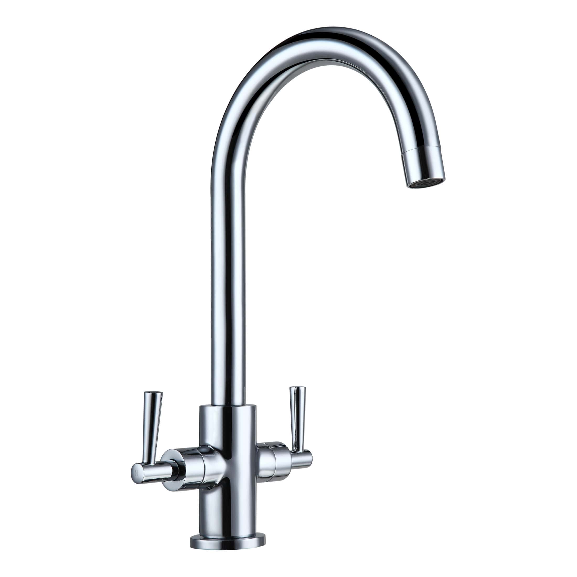 Polished chrome kitchen or bathroom mixer tap with dual control handles and high-arc spout, ideal for modern kitchens and bathrooms.