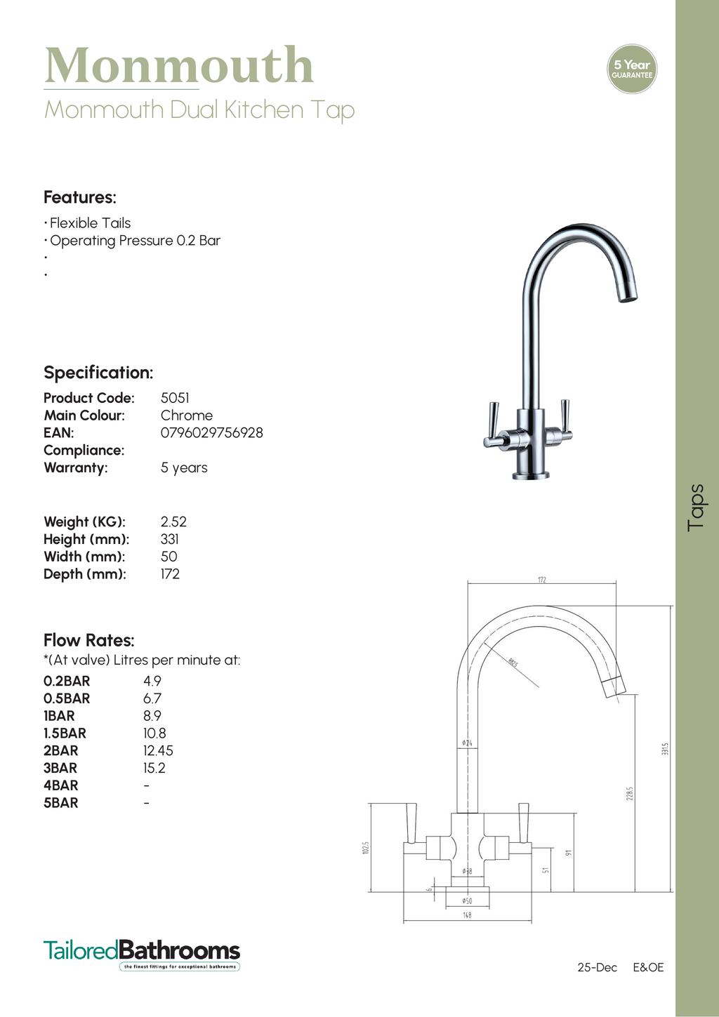 Tailored Monmouth Dual Lever Kitchen Mixer Tap - specification sheet with technical drawing and dimensions