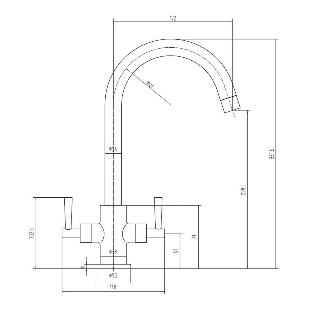 Sleek modern kitchen tap with high arch spout and dual handles, ideal for contemporary bathroom and kitchen settings. Perfect for stylish and functional bathroom or kitchen upgrades.