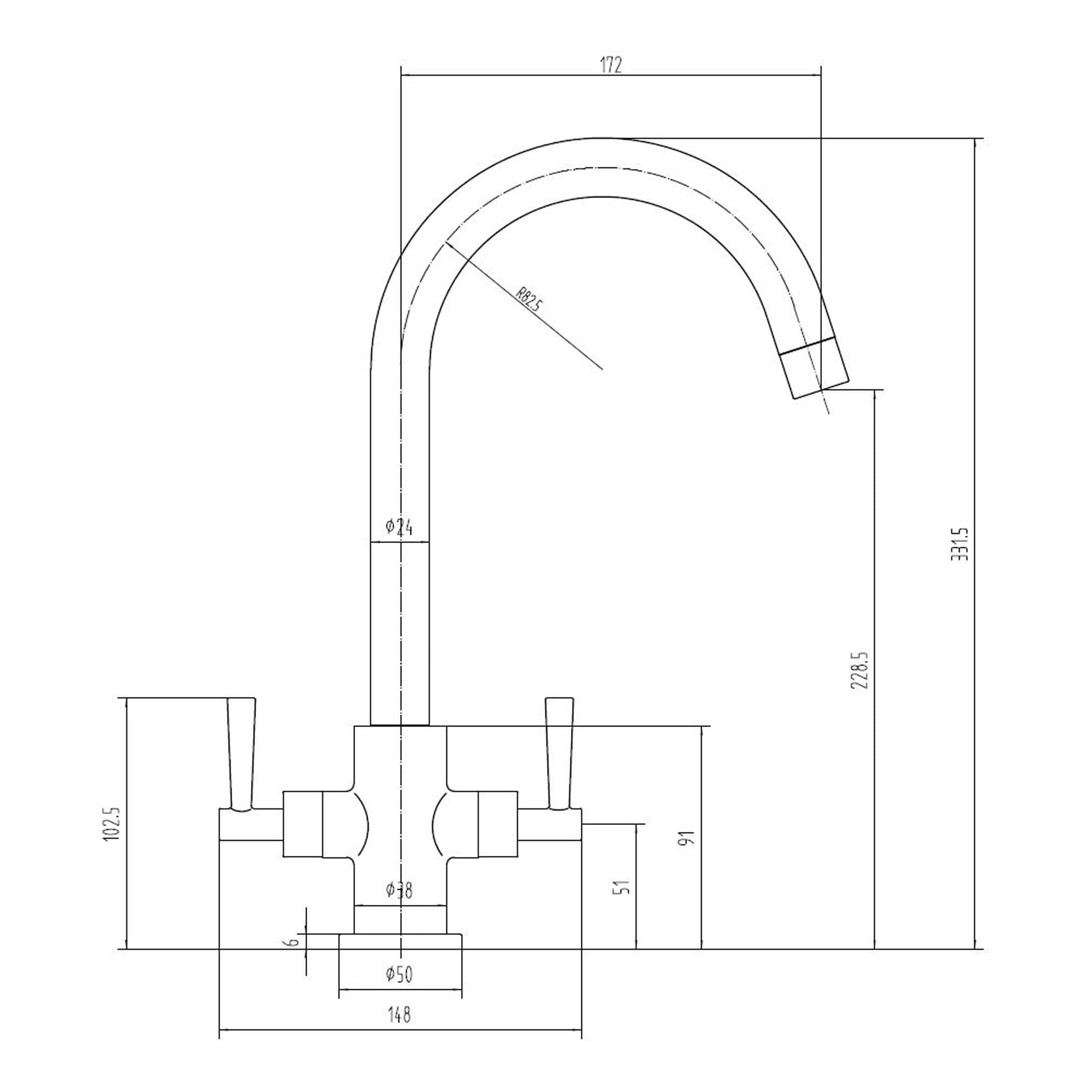 Sleek modern kitchen tap with high arch spout and dual handles, ideal for contemporary bathroom and kitchen settings. Perfect for stylish and functional bathroom or kitchen upgrades.