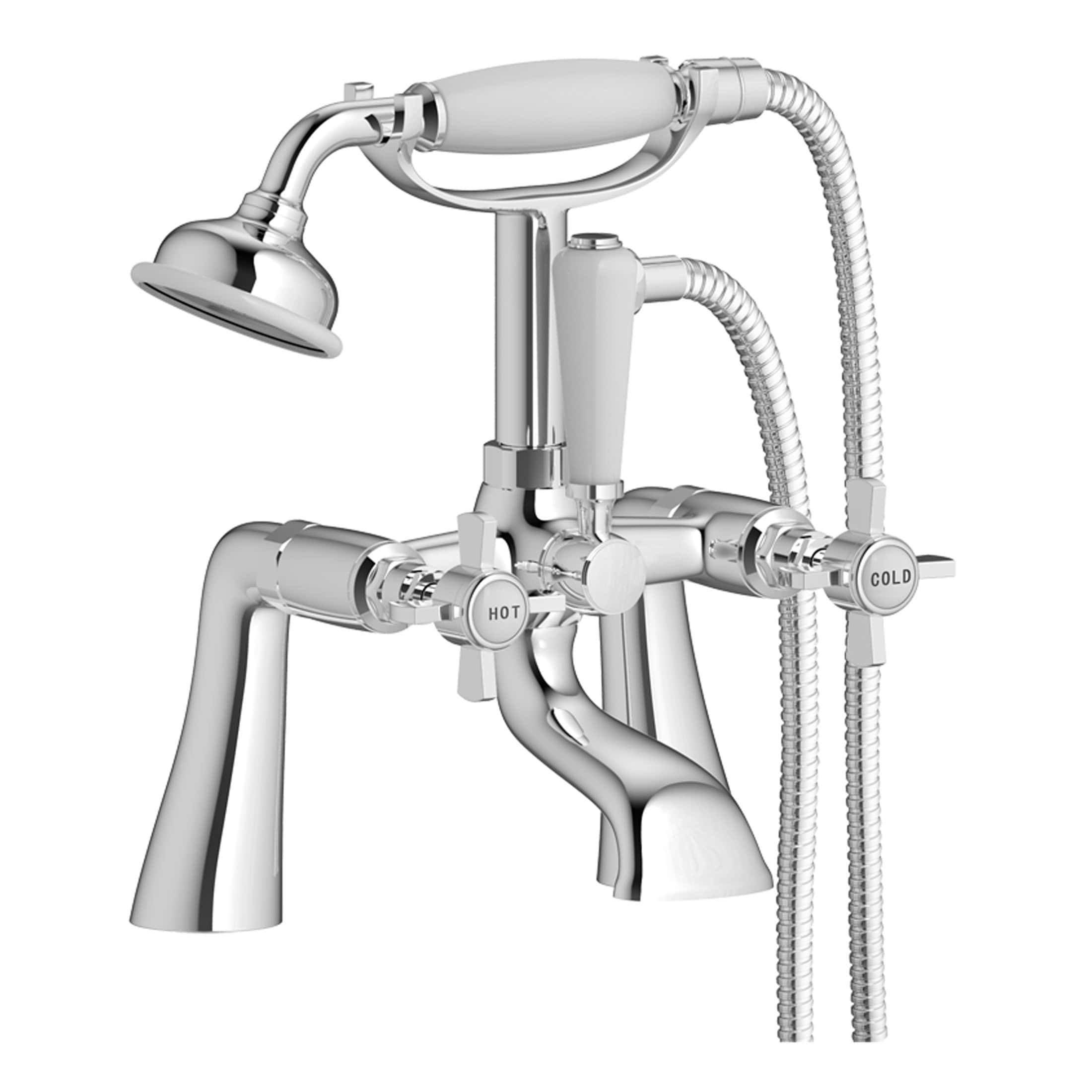Brass bathtub shower mixer tap with handheld showerhead and dual control handles for hot and cold water. Perfect for modern bathroom renovations and DIY plumbing upgrades.