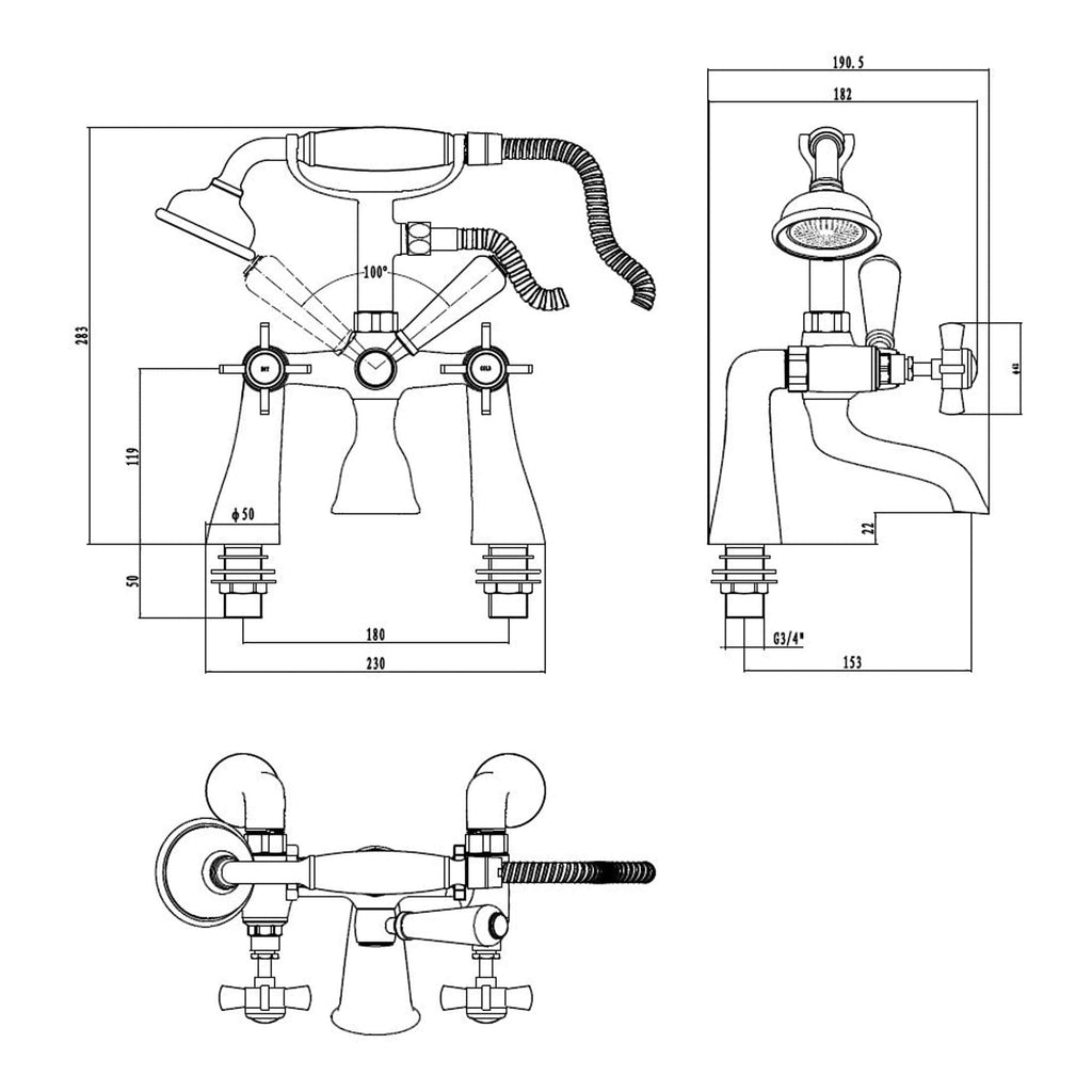 Flexible vintage bathroom faucet with adjustable handles, showerhead, and exposed plumbing in a classic design for period bathroom updates.