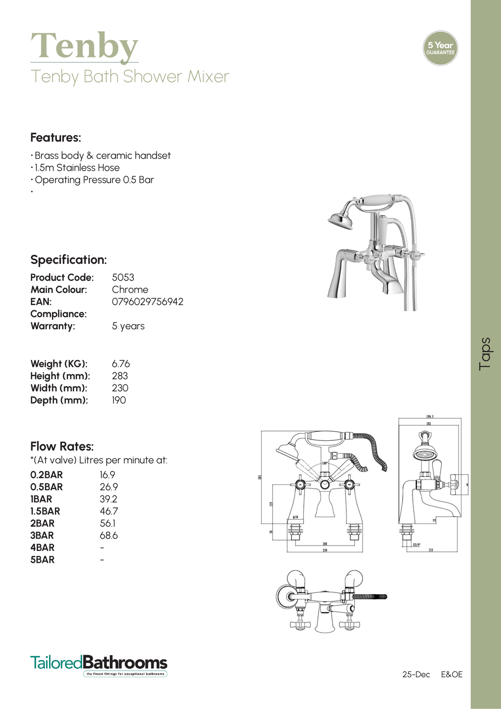 Tailored Tenby Bath Shower Mixer Tap - Chrome - specification sheet with technical drawing and dimensions