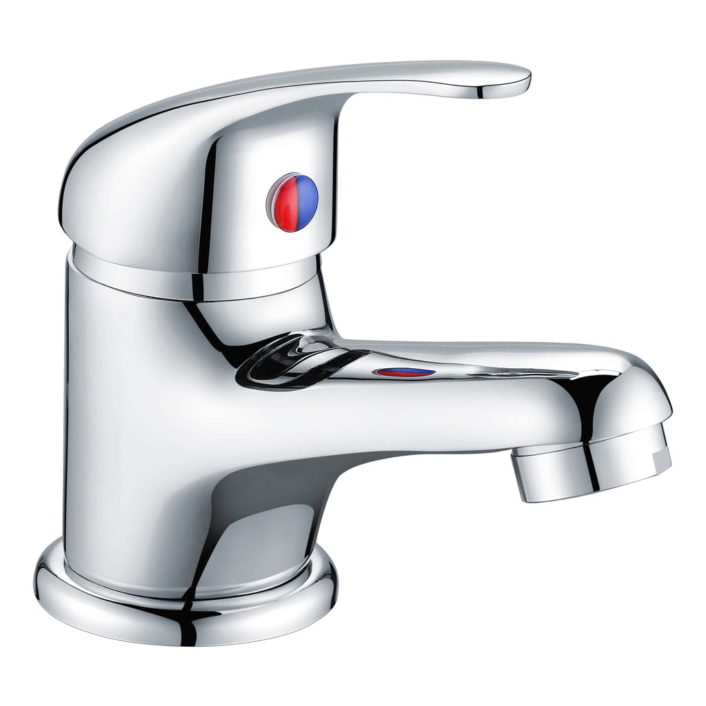 Shiny chrome bathroom sink tap with red and blue temperature control knob, modern plumbing fixture for washbasins.