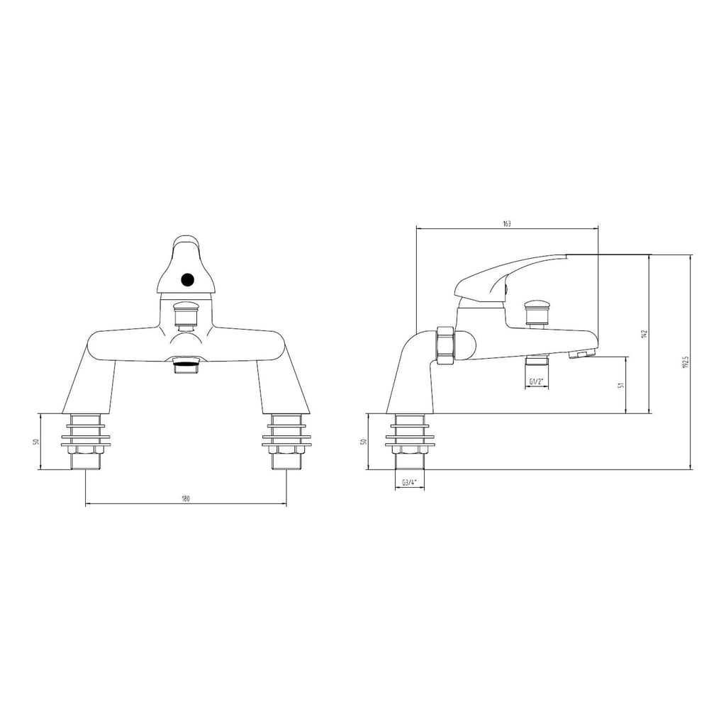 High-quality technical drawing of a Bubly bathroom faucet with detailed measurements and side and front views for plumbing installation and bathroom design.