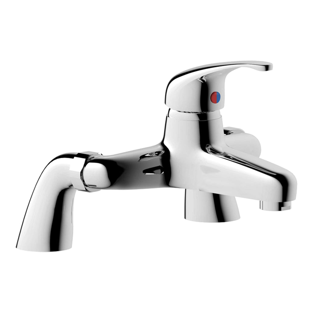 Chrome bathroom tap with dual control handle and small red and blue indicators for hot and cold water. Modern, sleek design perfect for contemporary bathrooms.