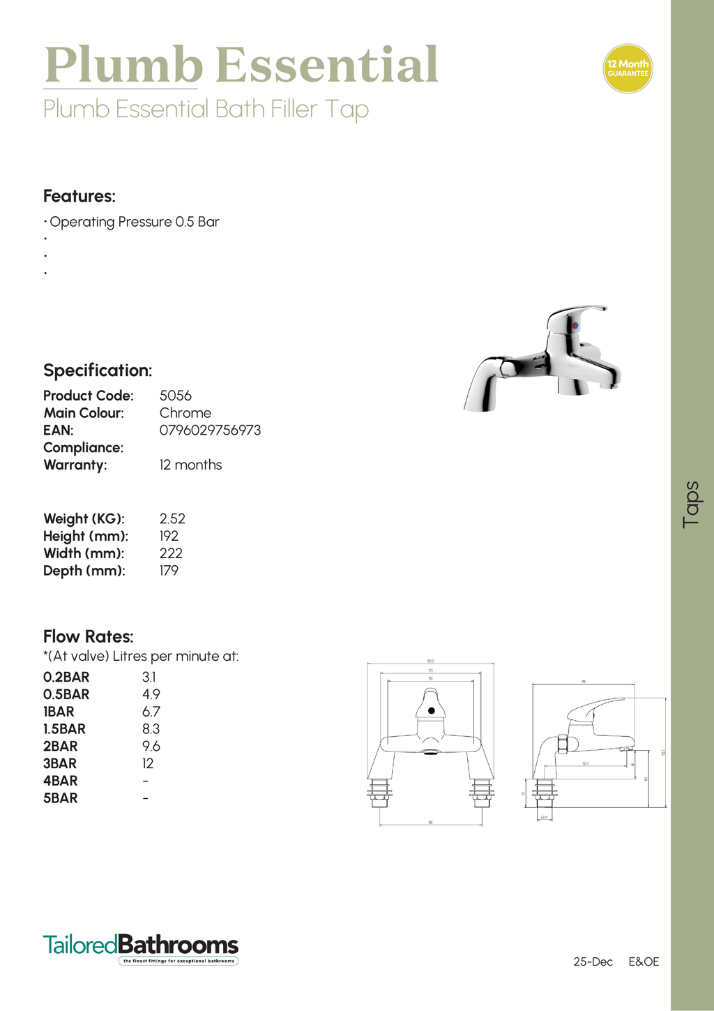 Tailored Plumb Essential Bath Filler Tap - Chrome - specification sheet with technical drawing and dimensions