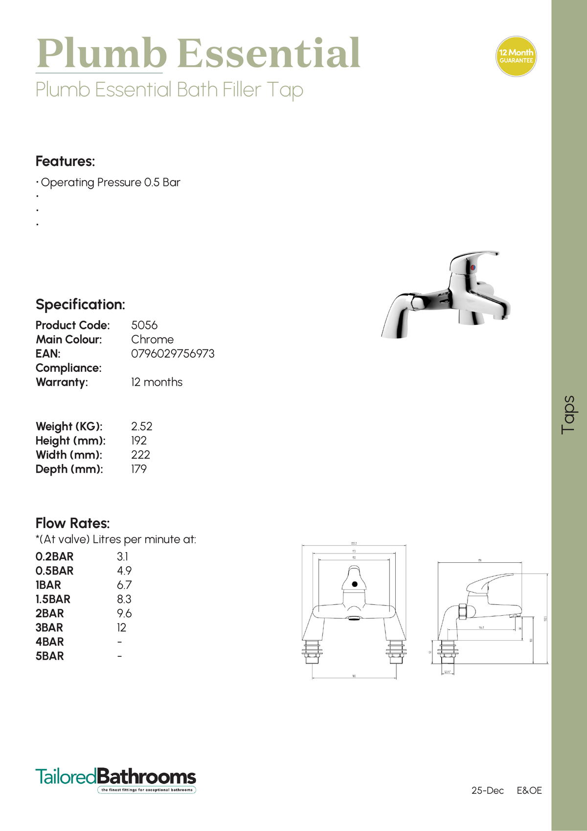 Tailored Plumb Essential Bath Filler Tap - Chrome - specification sheet with technical drawing and dimensions