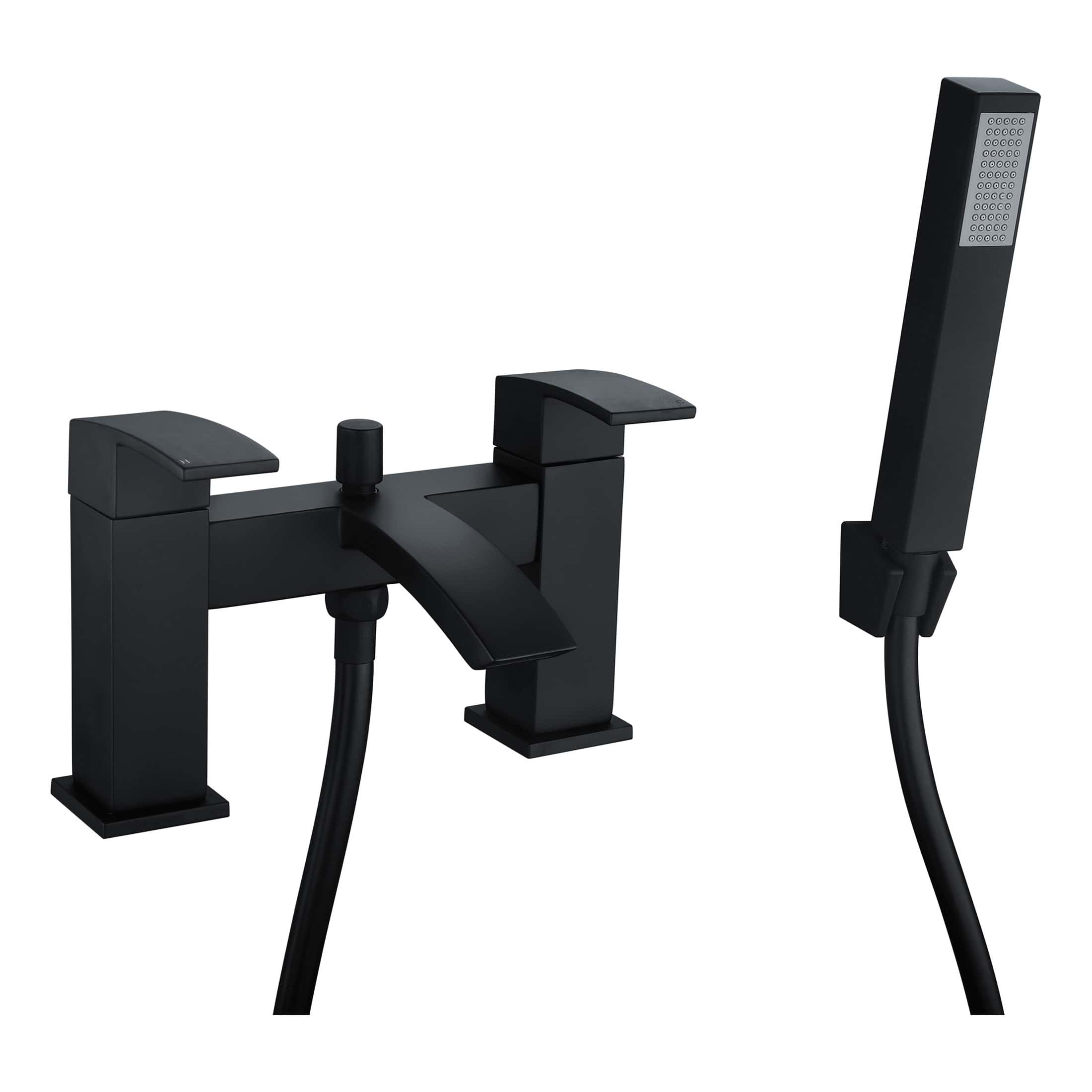 Black modern bathtub mixer tap with a handheld shower head, ideal for contemporary bathroom designs. Durable, sleek black finish, easy to maintain, enhances bathroom aesthetics and functionality.