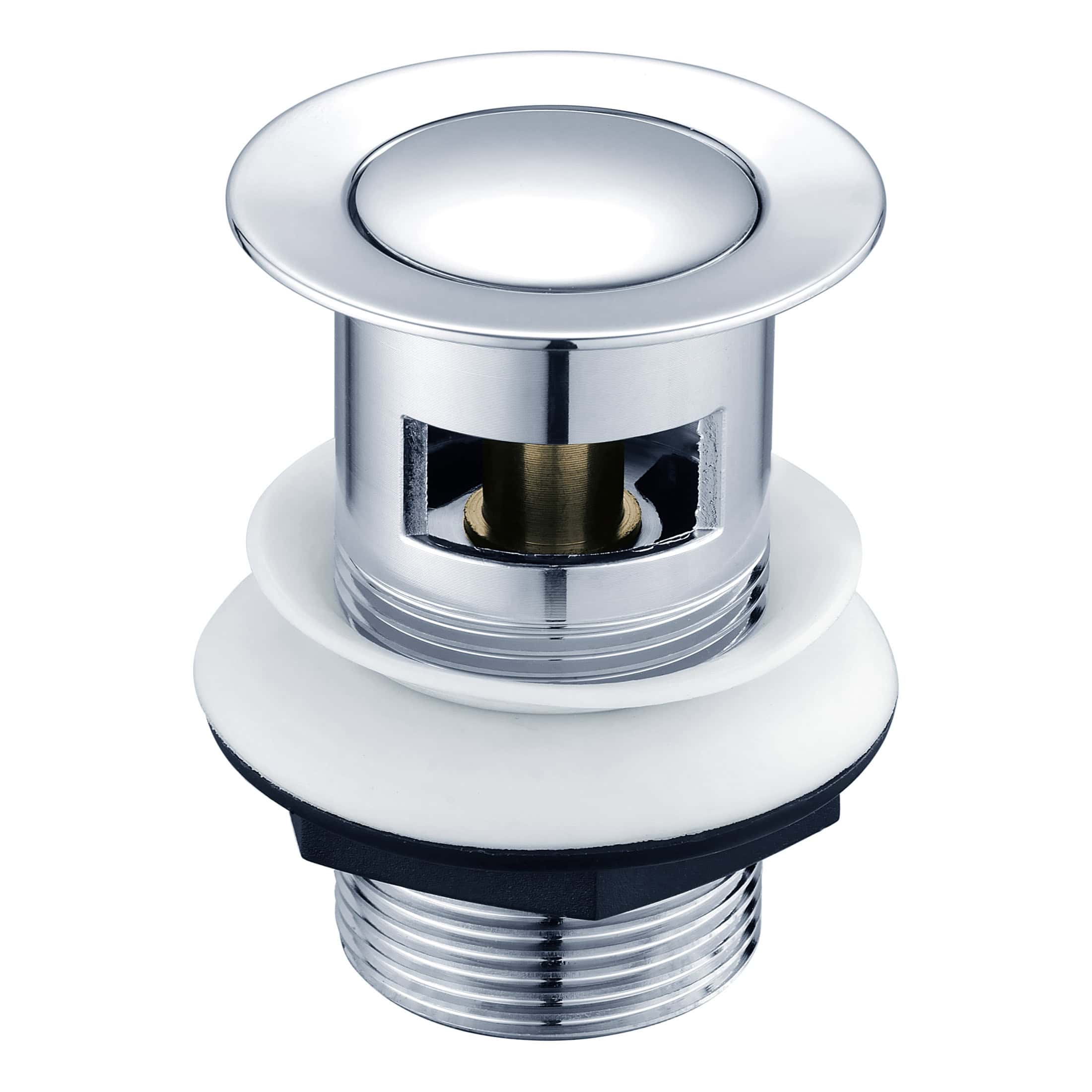 Shower drain trap with chrome finish, white sealing gasket, and threaded connection for bathroom plumbing, designed for use in Bubly bathrooms.
